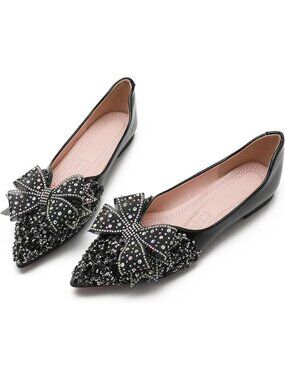 🆕 Women's Black Rhinestone Pointed Toe Flat Shoes - Glitter Bow Dressy Slip On